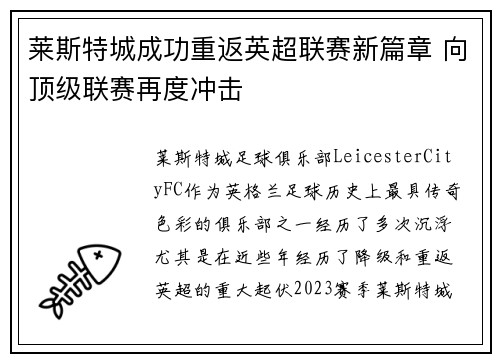莱斯特城成功重返英超联赛新篇章 向顶级联赛再度冲击 莱斯特城成功重返英超联赛新篇章 向顶级联赛再度冲击